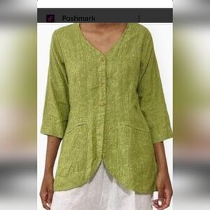 Flax Green Linen Oversized Lagenlook Jacket Top Shacket Shirt Casual